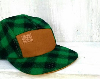 Green and Black Buffalo Check, Handmade Plaid Wool 5 Panel Camp Hat, Winter Hat