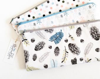 Woodland Women Zipper Pouch, Pencil Pouch, Pencil Case, Cosmetics Bag, Pinecones, Acorns, Trees, Leaves, School Supplies, Gift For Her
