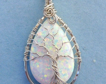 Opal Pendant Necklace,Simulated Opal Tree of Life Necklace in .925 Sterling Silver,Synthetic White Tree of Life Pendant,Mothers Day Gift
