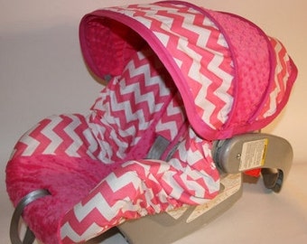 Baby Car Seat Cover set in Hot pink Chevron-Infant car seat cover-Custom Made comes with replacement canopy, bottom slipcover 2 strap covers
