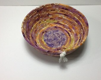 Purple and Gold Coiled Rope Bowl, Fabric Bowl, Catchall Basket, Organizer Basket, Yarn Bowl, Quiltsy Handmade