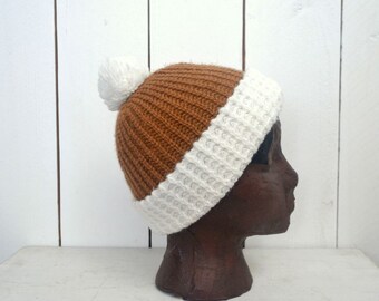 Knit Pom Pom Beanie - 1980s Retro White Beige Rolled Brim Hat - Vintage Slouchy or Fitted Winter Hat - Small S / Medium M