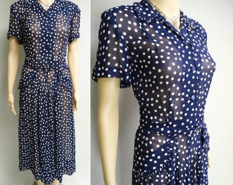 Vintage 1940s Dress | Navy Blue Dress | Polka Dots | 40s Dress | 1940s Dress | Silk Chiffon Dress | 1940s Day Dress