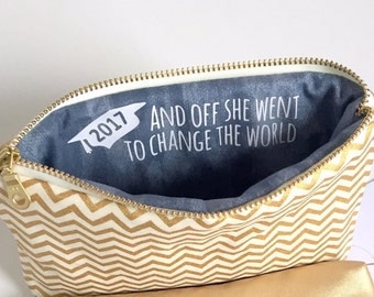 Graduation Gift for Her. Makeup Bag with Inspirational Quote. Off She Went to Change the World. Gold & Slate