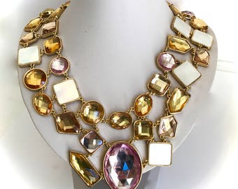 Multi Stone Collar Champagne Gold Pink and Mother Of Pearl Statement Collar Necklace Art Necklace Chunky Necklace