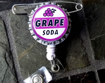 GRAPE SODA Disney Movie UP inspired Safety Pin Bottle Cap Retractable badge Id Reel Ellie's Badge Nurse, Office, Medical, School Badge