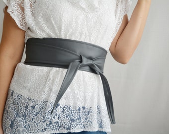 Dark grey leather obi belt, Obi belt, faux leather belt, sash belt, grey obi belt, womens clothing, boho belt, dark grey belt
