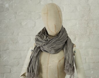 FROST GREY LINEN scarf / soft fringe