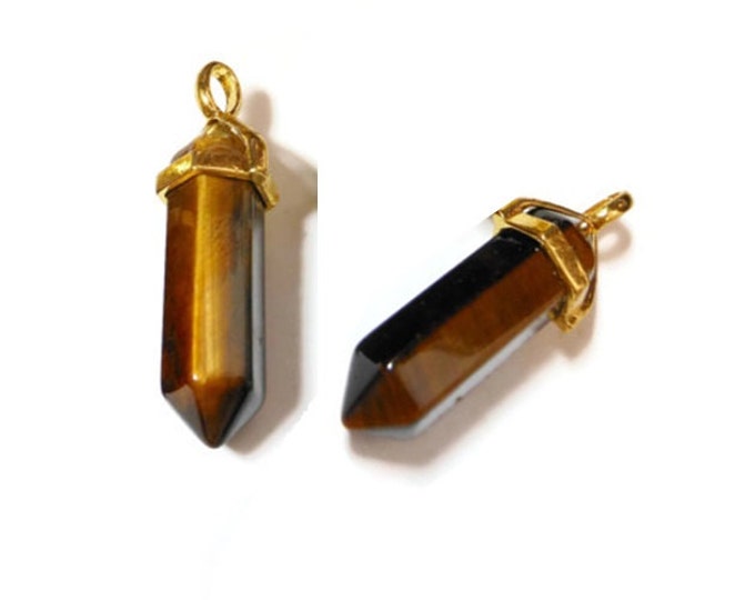 Tiger's eye pendant, natural Yellow bullet, Gold Bail, Reiki Pillar, Hexagonal Shape Stone, Jewelry Making Supply, you are bidding on one