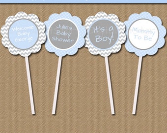 Baby Boy Shower Decorations, Instant Download and EDITABLE, Blue Grey Chevron Printable Cupcake Picks, Baby Boy Shower Cupcake Toppers BB1