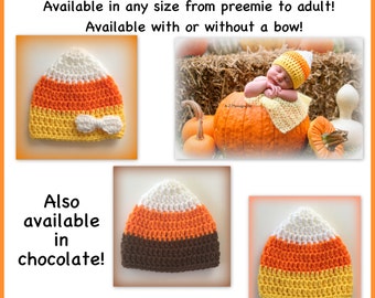 READY TO SHIP Candy corn hat, preemie, 0-3 months 3-6 months child adult toddler, newborn Halloween hat, orange white yellow, brown 18" doll