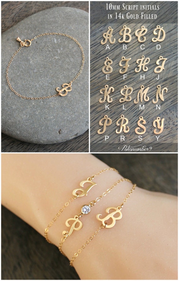 Script letter bracelet Personalized initial bracelet 14k