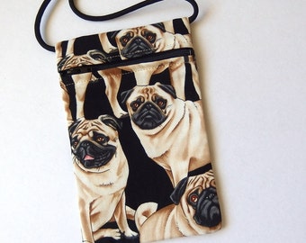 Pouch Zip Bag PUGS Fabric. Great for walkers, markets, travel. Cell phone pouch. small fabric purse. pug puppy purse. 6.75" x 4.25"