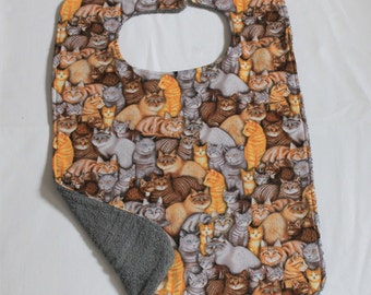 Adult Bib/Clothing Protector - Reversible - Cotton and Terry Cloth - Bib with Cats - Gray/Grey -Unisex