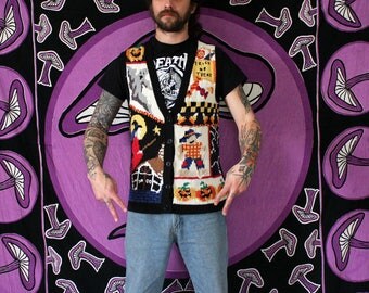 Vintage Witch Scarecrow Halloween Sweater Vest. Spooky Cute And Kitschy Halloween Sleeveless Cardigan With Ghosts Spiders Pumpkins.