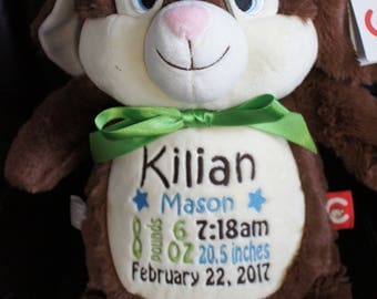 Personalized Baby Gift, "Baby Cubbies" Munchkin Pie the Rabbit, Birth announcement stuffed animal keepsake with machine embroidery