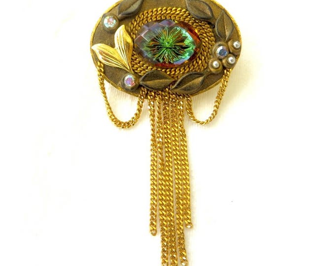 Marena Vitrail Rivoli Brooch, Dangle Chains, Aurora Borealis and Seed Pearl, Vintage Signed Hand Made in Germany