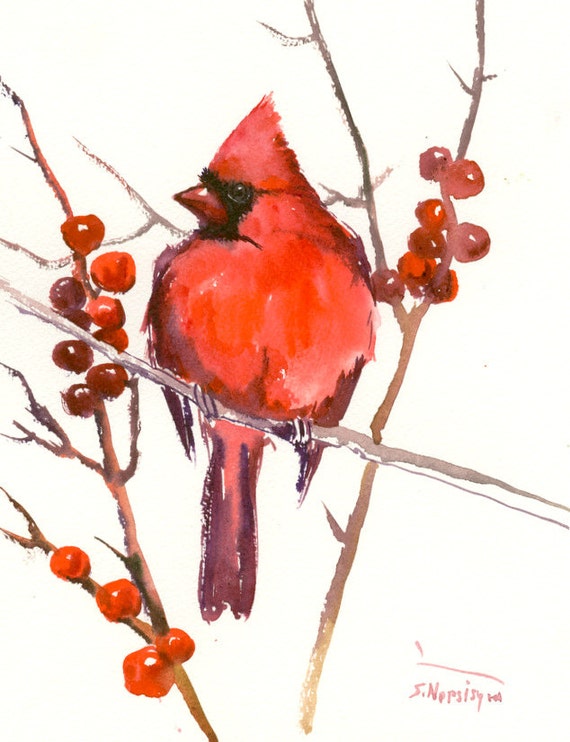 Red Cardinal bird art red christmas wall art original