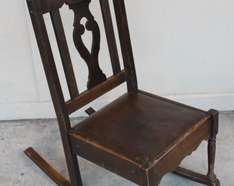 Petite antique rocking chair for knitting or nursing or just rocking! Original oilcloth leatherette seat cover.