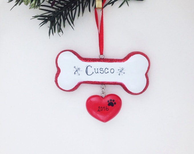 Dog Personalized Christmas Ornament / Dog Ornament / Puppy Ornament / Dog Gift / Pet Gift / Dog Bone with Heart