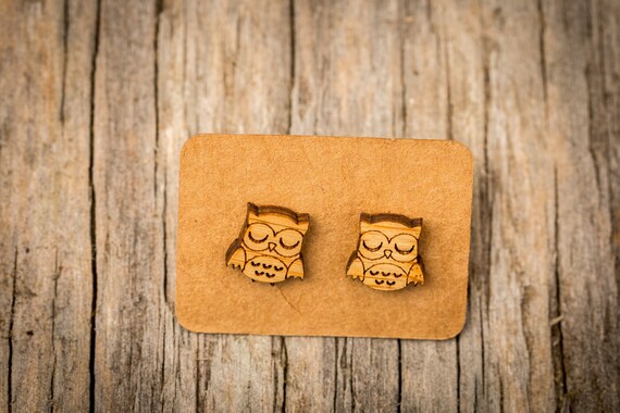 FREE SHIPPING - Owl Bamboo Earrings - Surgical Steel Waterproof - Animal Earrings - Wooden - Owl Wood Earrings - Owl Jewellery