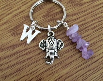 Elephant Keychain - Initial Keychain - Amethyst Crystal - Personalised