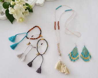 Jewelry goodies grab bag special - All the goodies in this photo - tassel necklace, seed bead earrings, beaded bracelets -