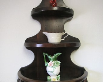 Large ETHAN ALLEN 3 Tier Round Wall Shelf with Rail around bottom shelf , Dark Stain,