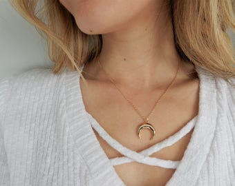Gold Moon Necklace | Gold Horn Necklace | Simple Necklace | Gold Crescent Dainty Moon Necklace, Crescent Moon Necklace, Gold Moon | Ox Horn