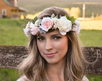 Blush flower crown Blush pink and ivory flower crown with greenery Wedding floral crown Pink floral crown Wedding hair wreath