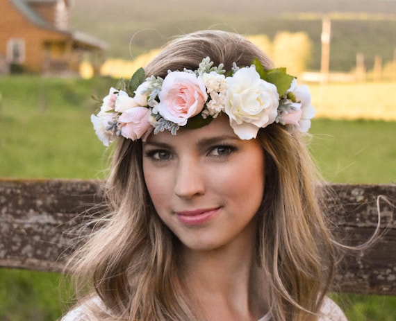 Blush flower crown Blush pink and ivory flower crown with greenery Wedding floral crown Pink floral crown Wedding hair wreath