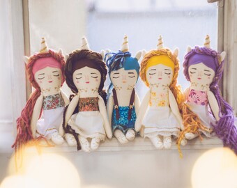 Unicorn doll, Handmade cloth doll, girl, Hand embroidery, 15.5"