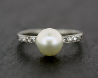 Art Deco Pearl Ring - Antique Art Deco Pearl & Diamond Ring - Natural Pearl Engagement Ring