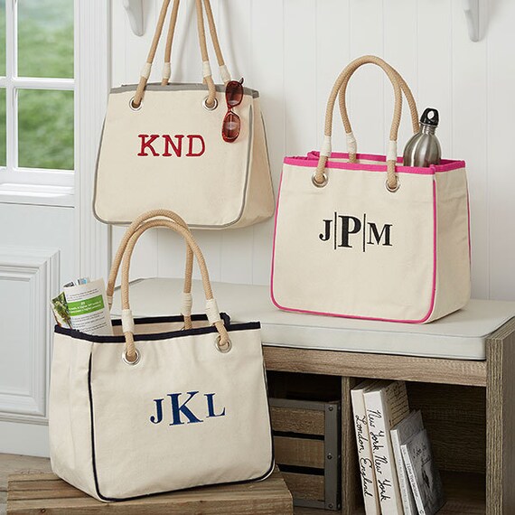 Monogrammed Tote Bag Canvas Rope Tote Beach Bag Great for