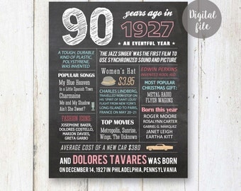 Personalized 90th birthday chalkboard poster - Custom 90th Birthday Gift for grandma or grandparents - Fun facts 1927 - DIGITAL file!