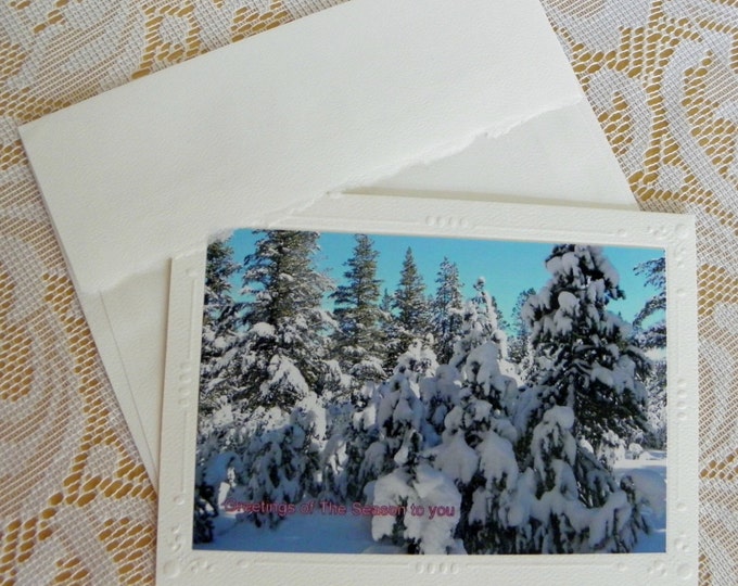 HOLIDAY GREETINGS CARD, Handcrafted Blank Inside Photo Stationary, Decorative Embossed Card Stock, Coordinating Envelope