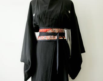 Black silk Kimono. Black Japanese kimono. Boho long black kimono coat. Ceremonial duster. Evening wedding. Witchy wedding. Traditional