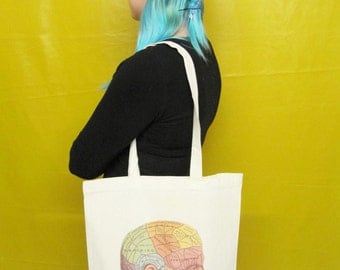 Phrenology Head Tote Bag Canvas Tote Bag Cool Resusable Bag Shopper Bag Geek Book Bag Nerd Science Gift