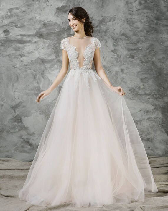 Romantic ball gown peach wedding dress with sheer by CathyTelle