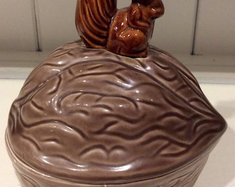 Vintage Squirrel Sitting on Walnut Ceramic Lidded Dish