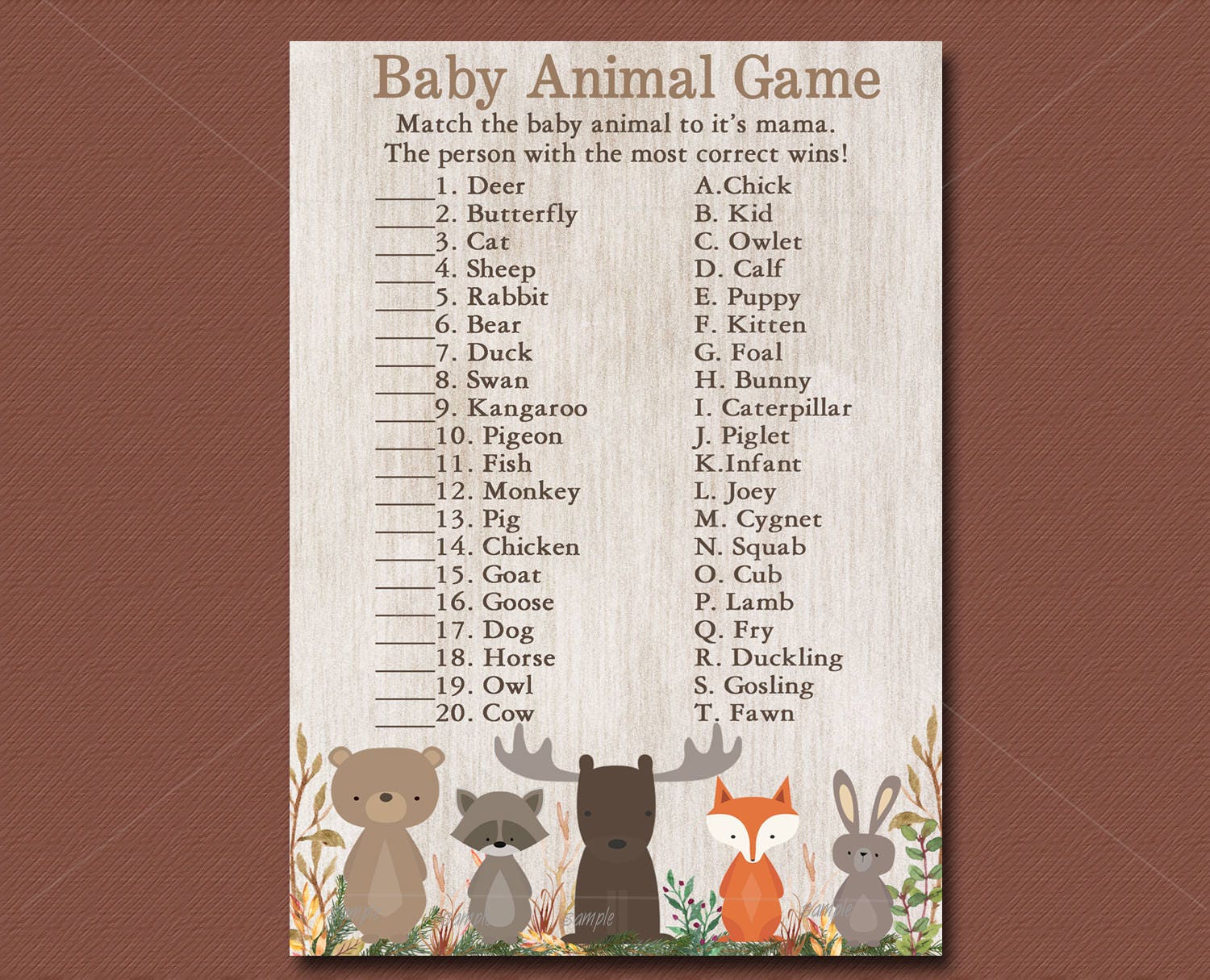 Woodland Baby Shower Game Baby Animal Game Printable Forest