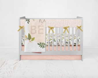 Floral Blush Bedding Set. Baby Bedding. Floral Bedding. 4 Piece Set - Fitted Crib Sheet, Crib Skirt, Rail Guards, Baby Blanket.