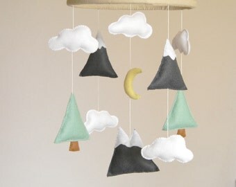 Mountains Baby Mobile, Baby Crib Mobile, Modern Nursery mobile, Felt Mountains and Tree, Mountain nursery decor, Cloud Cot Mobile, Mint Gray