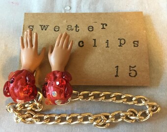 Barbie hands, Barbie jewelry, collar clips, sweater clips, Barbie doll jewelry, goth, creepy, upcycled, chain