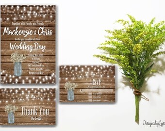 Rustic Wedding Invitation, Rustic Wedding, Country Wedding Invitation, Printable Wedding Invitation, Marriage Invitation, Mason Jar, Lights