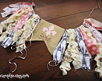 Parisian Birthday Eiffel Tower Paris French Banner Rose Gold First Birthday Rag Garland Fleur De Lis Bunting Cake Smash Baby Shower Party