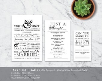 Modern Typo Rustic Printable Wedding Invitation Set - DIY Printable Digital File 'Taryn'