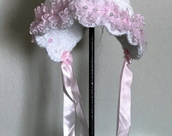 White Baby Bonnet with Pink Lace & Pearls