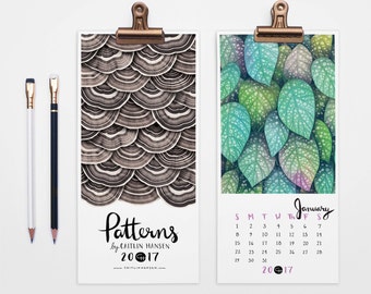 2017 Calendar, Wall Calendar, Pattern Calendar, Christmas Gift, Holiday Gift, Hand Lettering, Illustrated Calendar, 5 x 11 Calendar