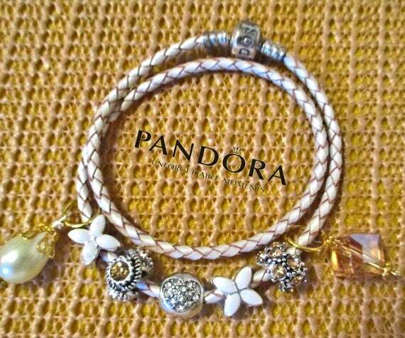Items similar to Authentic Pandora, Pandora Bracelet, Leather Bracelet, Champagne Leather 